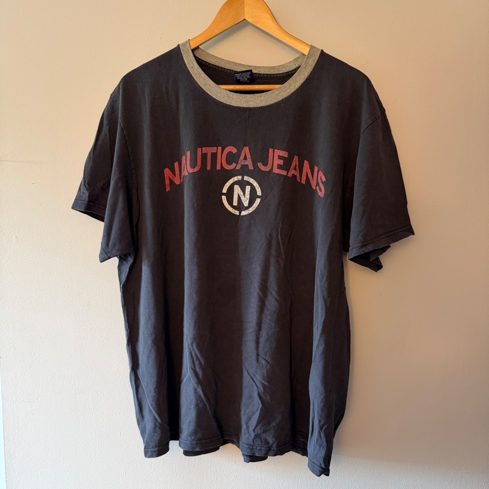 Nautica Jeans Co Mens Large Graphic Ringer T-Shirt Faded Black Vintage Style L
